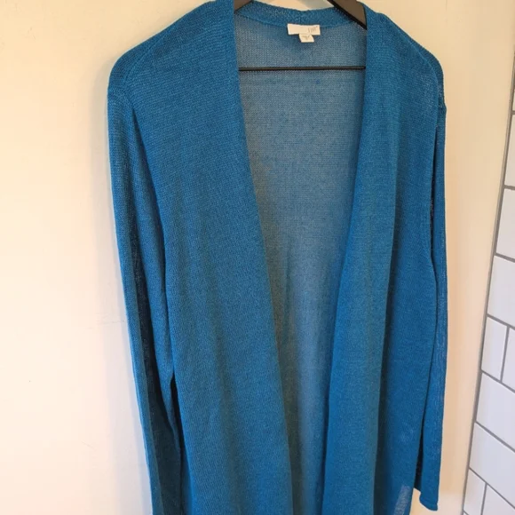 J. Jill Turquoise Linen Blend Long Line Open Cardigan Sweater Coastal Beach - Picture 2 of 7